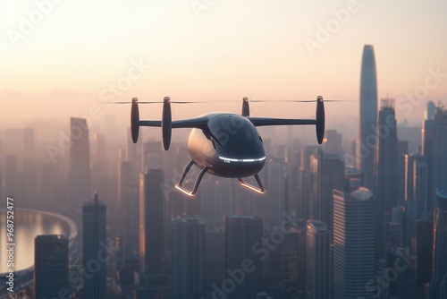 An eVTOL aircraft flying over a futuristic city skyline at sunrise, showcasing advanced urban air mobility technology.