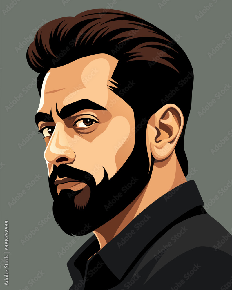 Sophisticated Man: A striking portrait of a man with a stylish hairstyle and well-groomed beard, his intense gaze captivating the viewer, rendered in a sophisticated, vector art style. Sophisticated Man: A striking portrait of a man with a stylish hairstyle and well-groomed beard, his intense gaze captivating the viewer, rendered in a sophisticated, vector art style.