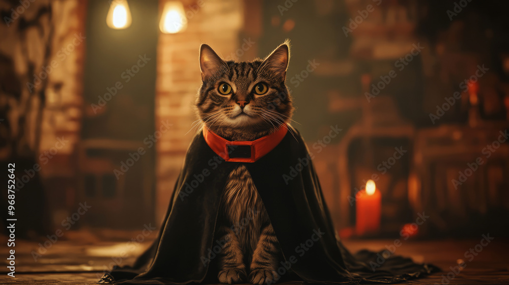 A spooky cat in a black cape with a red collar sits in a dark, dimly lit room. a perfect addition to your halloween projects! A spooky cat in a black cape with a red collar sits in a dark, dimly lit room. a perfect addition to your halloween projects!