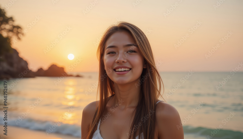 A joyful woman smiles by the serene beach during sunset, capturing the essence of summer and tranquility in this beautiful scene. A joyful woman smiles by the serene beach during sunset, capturing the essence of summer and tranquility in this beautiful scene.