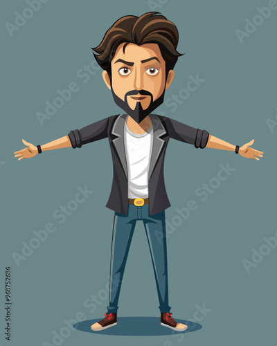 Confident Illustration: A stylishly dressed man with a beard, arms outstretched, radiates confidence, his gaze direct. Portraying a sense of welcome and self-assuredness, rendered in a vibrant.