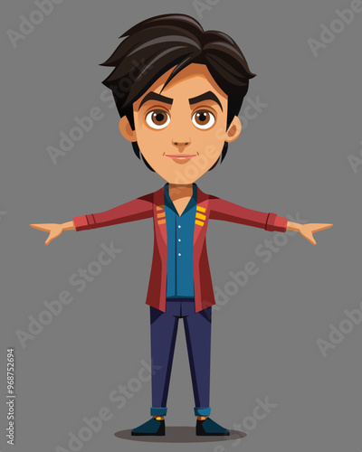 Smiling Cartoon Man : A charming cartoon character with a friendly smile and open arms ready to illustrate a feeling of welcome, connection, and approachability. T Pose 