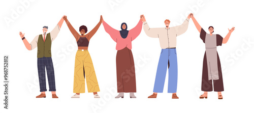 Happy people group standing together with arms raised up, holding hands in solidarity. Diverse multi-ethnic men, women. United bonding society. Flat vector illustration isolated on white background
