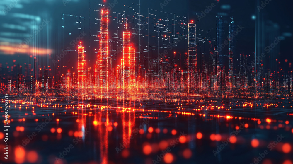 Futuristic Cityscape with Digital Code and Red Lights Futuristic Cityscape with Digital Code and Red Lights