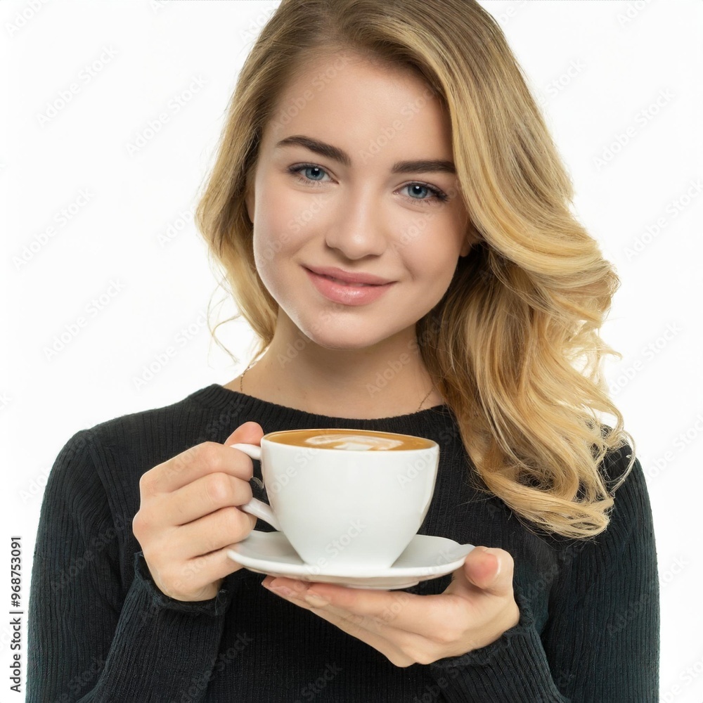 Beautiful Woman Holding Coffee Cup Isolated on White Background Beautiful Woman Holding Coffee Cup Isolated on White Background