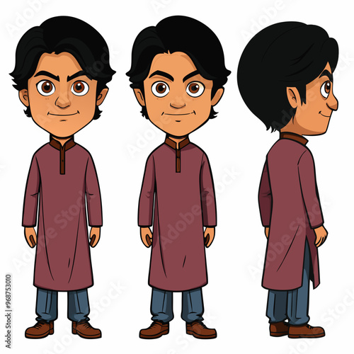 Indian, Pakistani, and Eastern 2D Cartoon Character in Purple Kurta for Animation - T-Pose Front, Side, and Back View | Asian Cartoon Character Design for Animation Projects