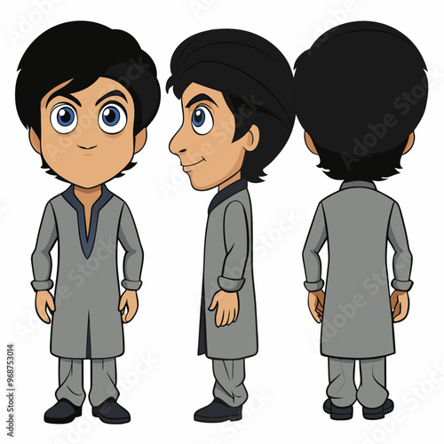 Indian, Pakistani, and Eastern 2D Cartoon Character in Shalwar Kameez for Animation - T-Pose Front, Side, and Back View | Asian Cartoon Character Design for Animation Projects