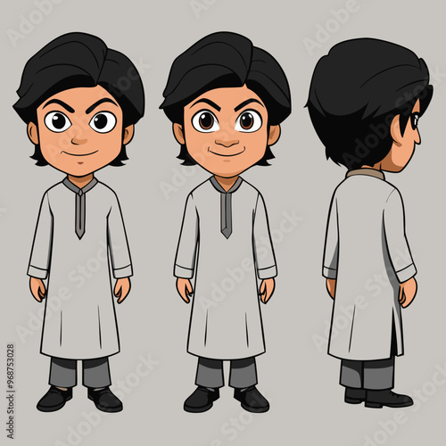 Indian, Pakistani, and Eastern 2D Cartoon Character in Shalwar Kameez for Animation - T-Pose Front, Side, and Back View | Asian Cartoon Character Design for Animation Projects