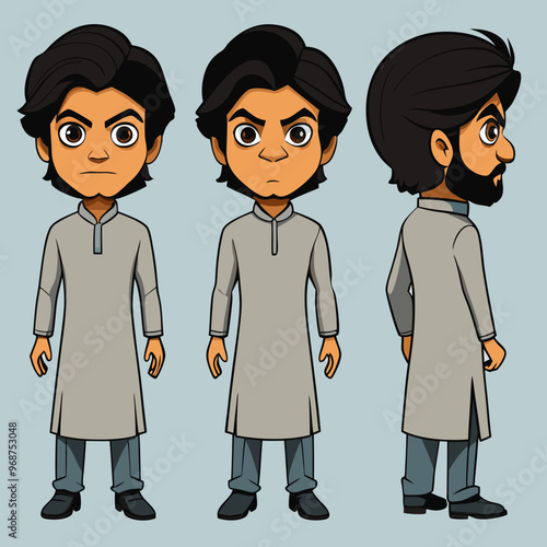 Indian, Pakistani, and Eastern 2D Cartoon Character in Shalwar Kameez for Animation - T-Pose Front, Side, and Back View | Asian Cartoon Character Design for Animation Projects