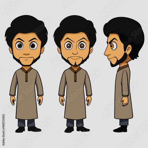 Indian, Pakistani, and Eastern 2D Cartoon Character Have Beard in Shalwar Kameez for Animation - T-Pose Front, Side, and Back View | Asian Cartoon Character Design for Animation Projects