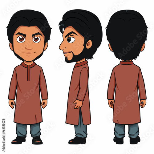 Indian, Pakistani, and Eastern Muslim 2D Cartoon Character in Shalwar Kameez for Animation - T-Pose Front, Side, and Back View | Asian Cartoon Character Design for Animation Projects