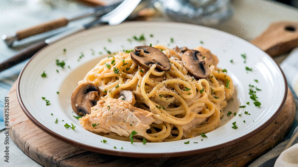 A flavorful plate of creamy chicken spaghetti carbonara topped with mushrooms and Parmesan cheese, served in a cozy restaurant ambiance. A flavorful plate of creamy chicken spaghetti carbonara topped with mushrooms and Parmesan cheese, served in a cozy restaurant ambiance.