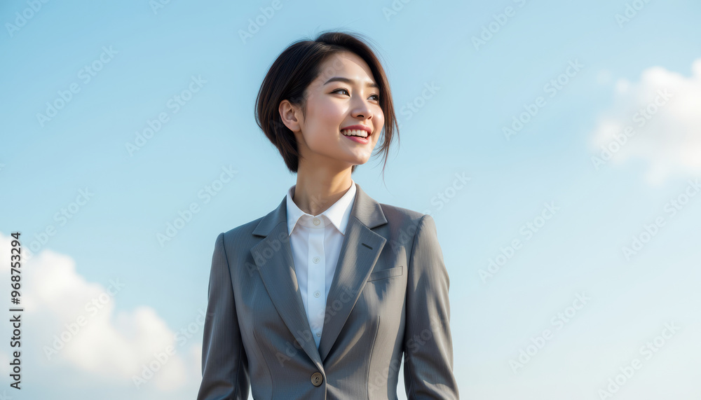 Confident businesswoman smiling against a blue sky, showcasing professionalism and positivity in a modern corporate environment. Confident businesswoman smiling against a blue sky, showcasing professionalism and positivity in a modern corporate environment.