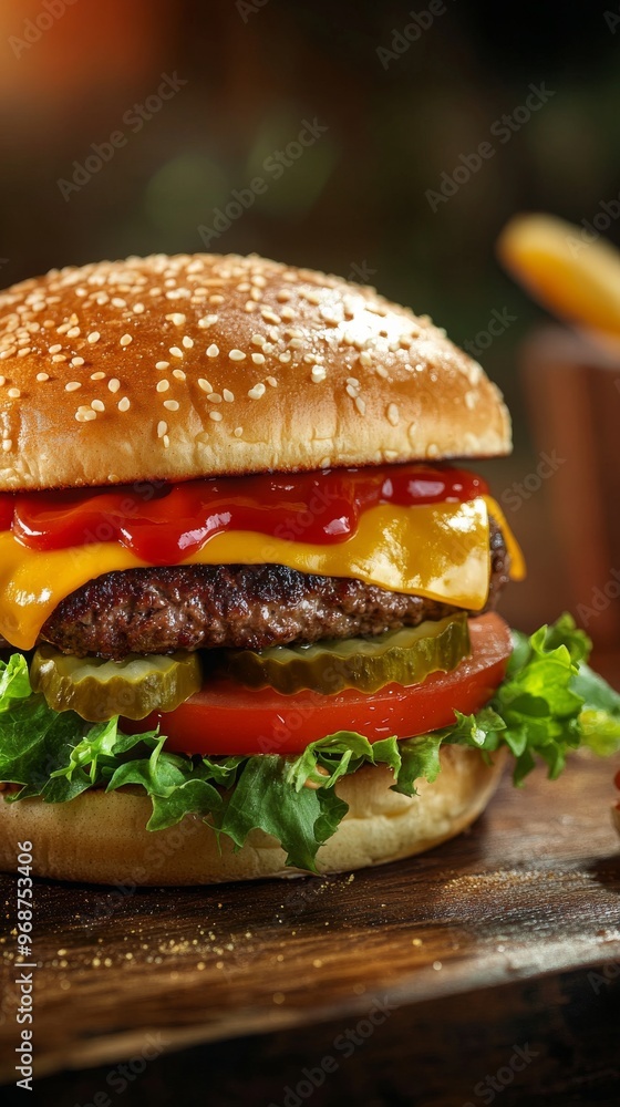 Juicy cheeseburger with fresh vegetables on wooden board, gourmet food concept Juicy cheeseburger with fresh vegetables on wooden board, gourmet food concept