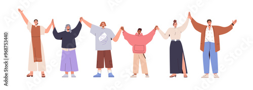 Happy people community, group holding hands together, standing with arms raised up, connected in unity. Peaceful society, togetherness concept. Flat vector illustration isolated on white background