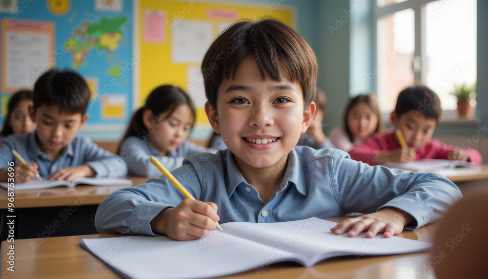 A cheerful boy in a classroom smiles while writing in his notebook, showcasing a positive learning environment. A cheerful boy in a classroom smiles while writing in his notebook, showcasing a positive learning environment.