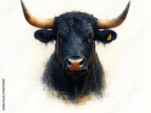 Black Bull Portrait with Horns  Farm Animal Illustration