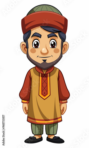 Asian Indian Pakistan Arab 2D Grandfather Character Front View Side Back View Wear Shalwar Kameez
