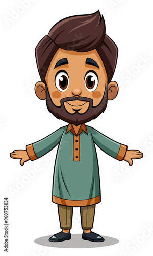 Asian Indian Pakistan Arab 2D Grandfather Character Front View Side Back View Wear Shalwar Kameez
