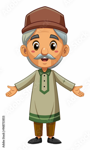 Asian Indian Pakistan Arab 2D Grandfather Character Front View Side Back View Wear Shalwar Kameez
