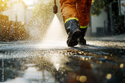 Man operating high pressure water jet and vigorously cleaning sidewalk and driveway