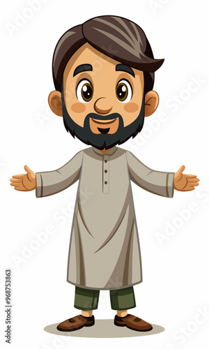 Asian Indian Pakistan Arab 2D Grandfather Character Front View Side Back View Wear Shalwar Kameez
