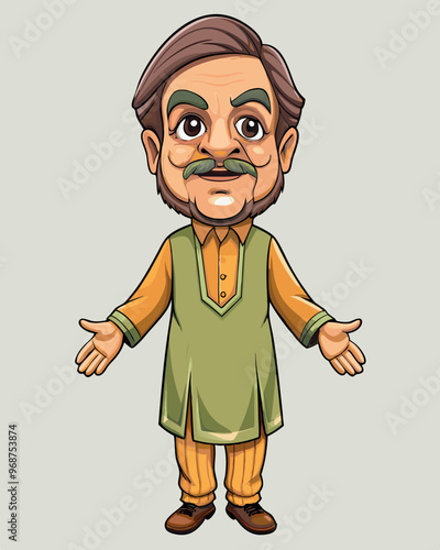 Asian Indian Pakistan Arab 2D Grandfather Character Front View Side Back View Wear Shalwar Kameez
