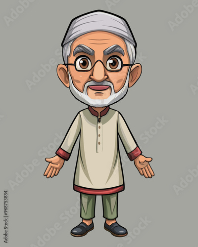 cartoon businessman with glasses Asian Indian Pakistan Arab 2D Grandfather Character Front View Side Back View Wear Shalwar Kameez
