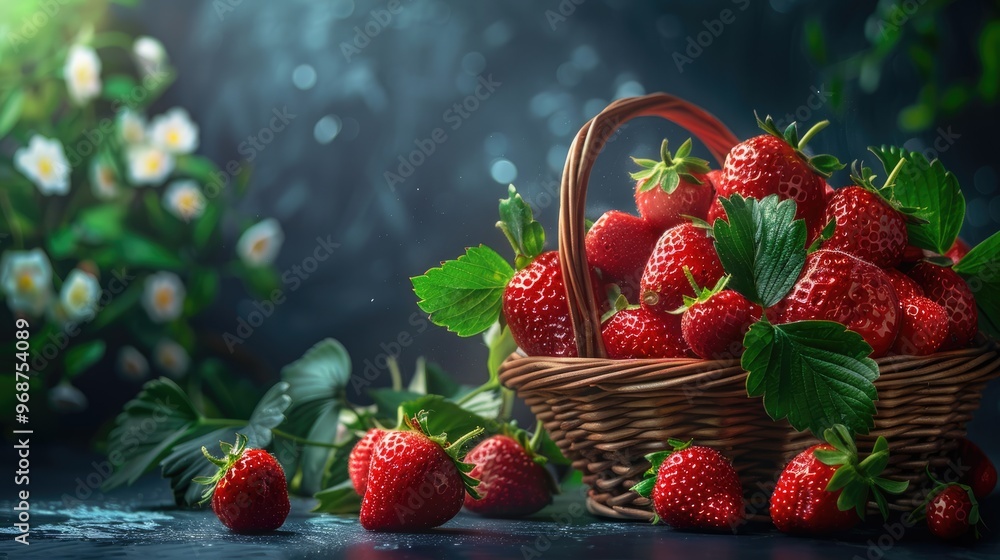 A basket filled with ripe red strawberries, surrounded by green leaves, presents a close-up view of fresh, juicy fruit, ideal for summer refreshment. A basket filled with ripe red strawberries, surrounded by green leaves, presents a close-up view of fresh, juicy fruit, ideal for summer refreshment.