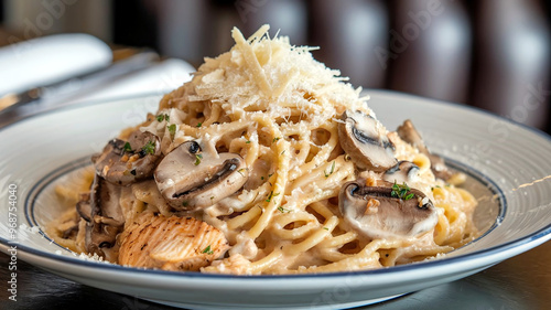 A flavorful plate of creamy chicken spaghetti carbonara topped with mushrooms and Parmesan cheese, served in a cozy restaurant ambiance.  photo