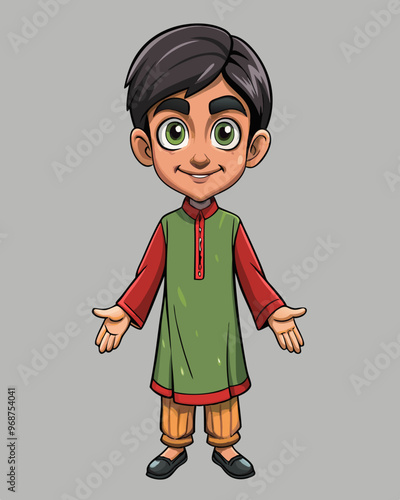 Cartoon Illustration of a Smiling Boy in Traditional Pakistani Attire - Green Kurta and Red Sleeves 