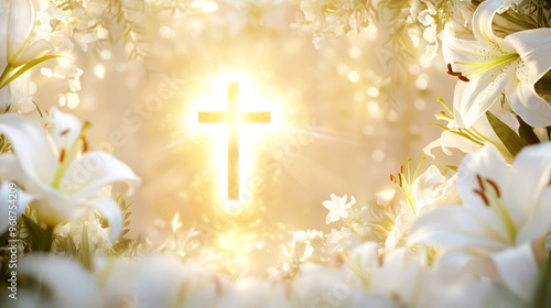 glowing cross with white lilies photo