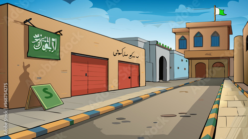 Classic Asian Pakistan and Indian Streets Cartoon Background Scene 