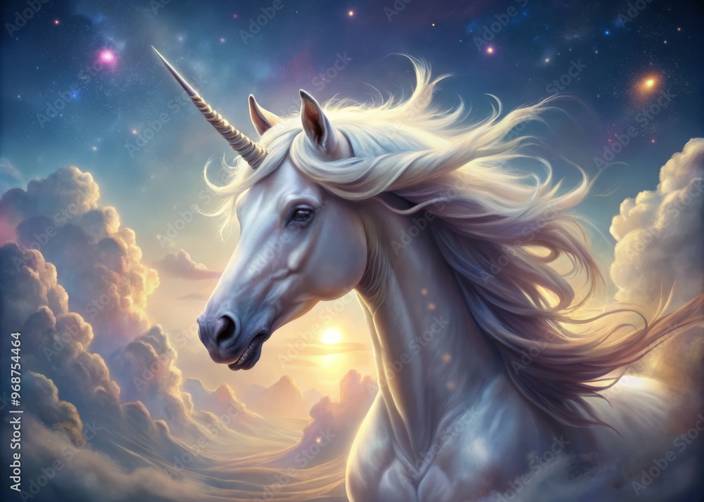 Magnificent Unicorn Head with a slender neck, shimmering horn, and delicate features, surrounded by clouds and soft, dreamy lighting. Magnificent Unicorn Head with a slender neck, shimmering horn, and delicate features, surrounded by clouds and soft, dreamy lighting.