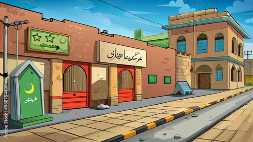 Classic Asian Pakistan and Indian Streets Cartoon Background Scene Old Buildings 