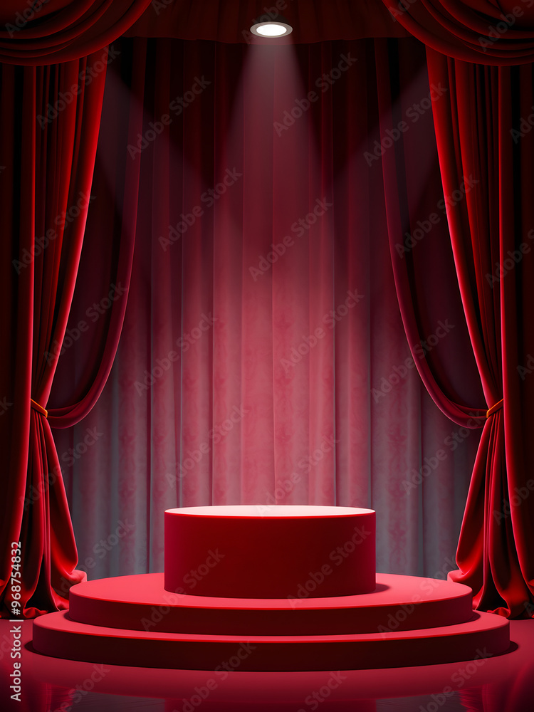 3d Mock up Velvet red podium with theater curtains and spotlight. Pedestal stage for luxury fashion presentation. Dramatic scene for advertising. Sale promotion background.