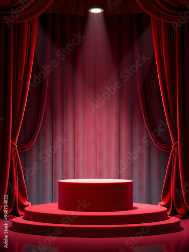 Obraz na płótnie 3d Mock up Velvet red podium with theater curtains and spotlight. Pedestal stage for luxury fashion presentation. Dramatic scene for advertising. Sale promotion background. w salonie