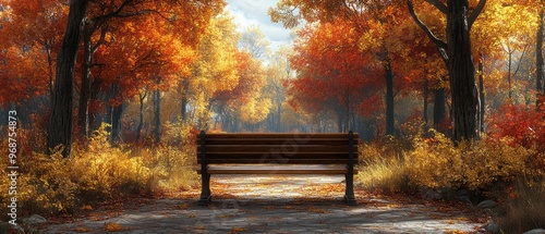 Wooden Bench in Autumnal Forest Path