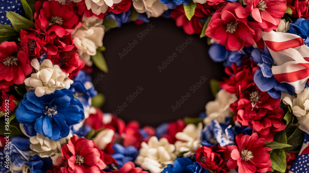 Patriotic Wreath With Red, White, And Blue Flowers And American Flag Patriotic Wreath With Red, White, And Blue Flowers And American Flag