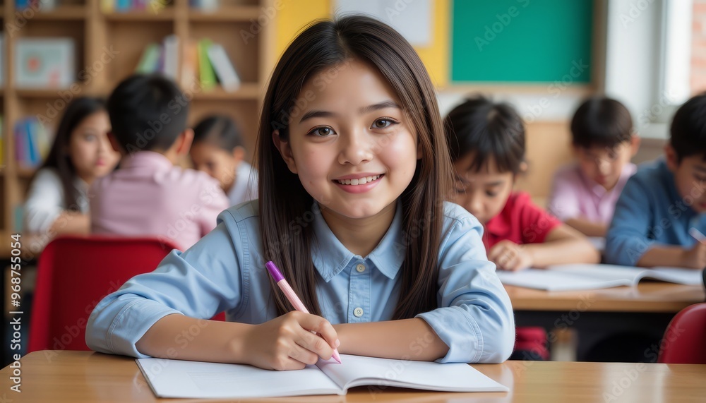 Smiling girl in classroom, engaging in learning with classmates. Bright environment promotes education and creativity. Smiling girl in classroom, engaging in learning with classmates. Bright environment promotes education and creativity.