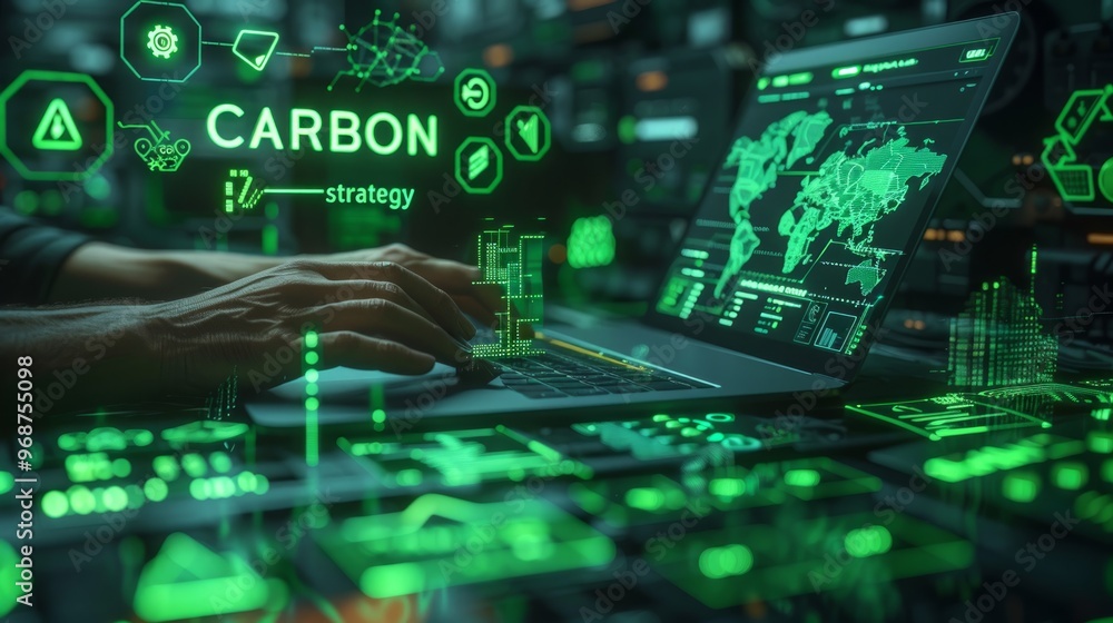 A man is typing on his laptop, surrounded by floating green energy icons and glowing symbols of carbon, news, and the environment in the background. A man is typing on his laptop, surrounded by floating green energy icons and glowing symbols of carbon, news, and the environment in the background.
