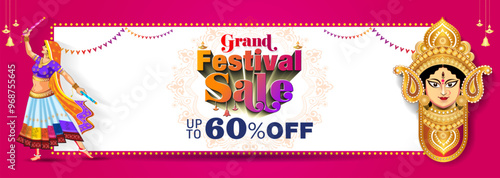 Navratri, durga puja, dandiya festive sale offers background. Grand sale offers mega big shopping deal discount website banner header design.