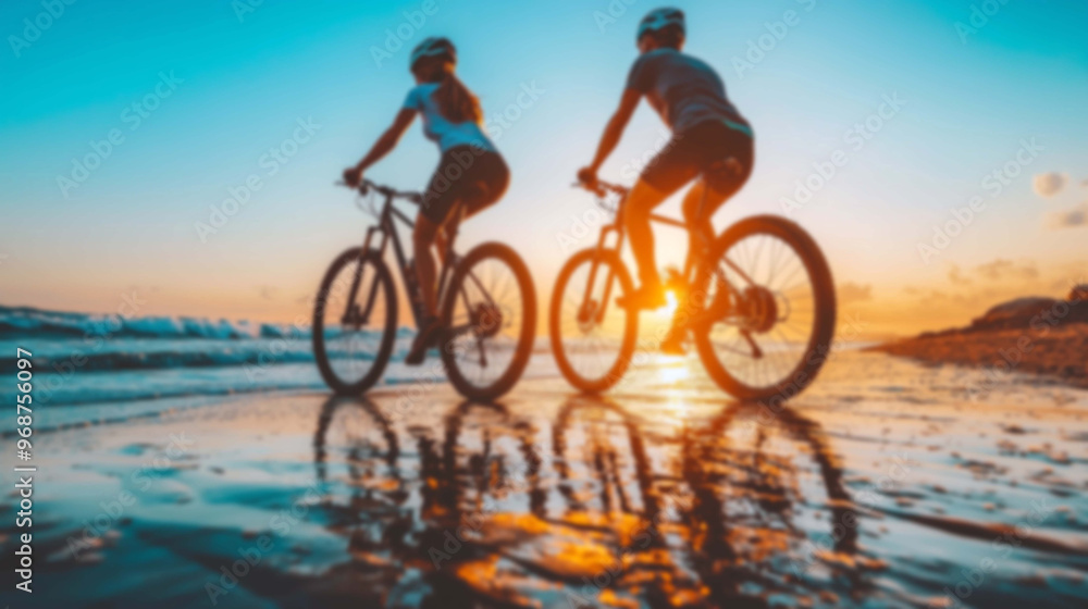 Fototapeta premium Blurred background, Embracing Freedom and Romance on Two Wheels, A Couple's Cycling Adventure