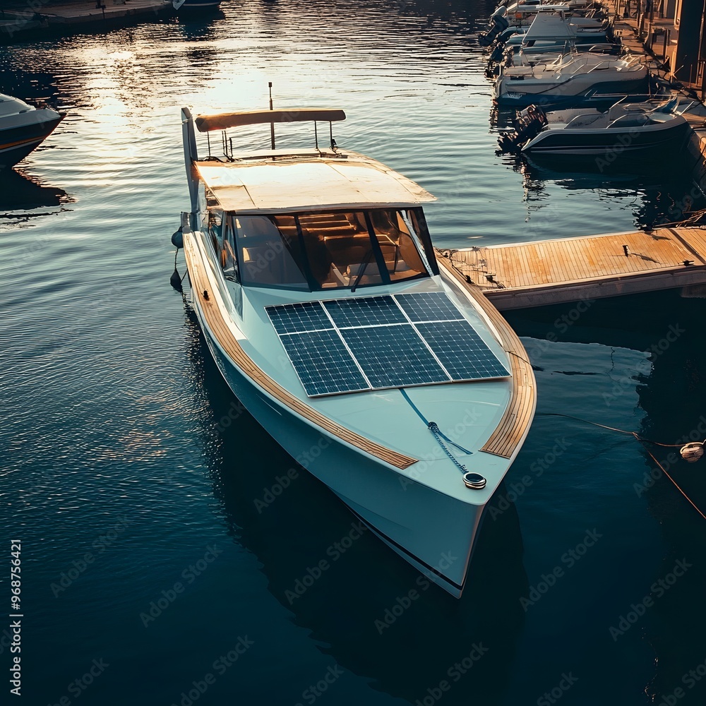 A sleek solar-powered boat docked in a serene marina during golden hour, reflecting peaceful waters. A sleek solar-powered boat docked in a serene marina during golden hour, reflecting peaceful waters.