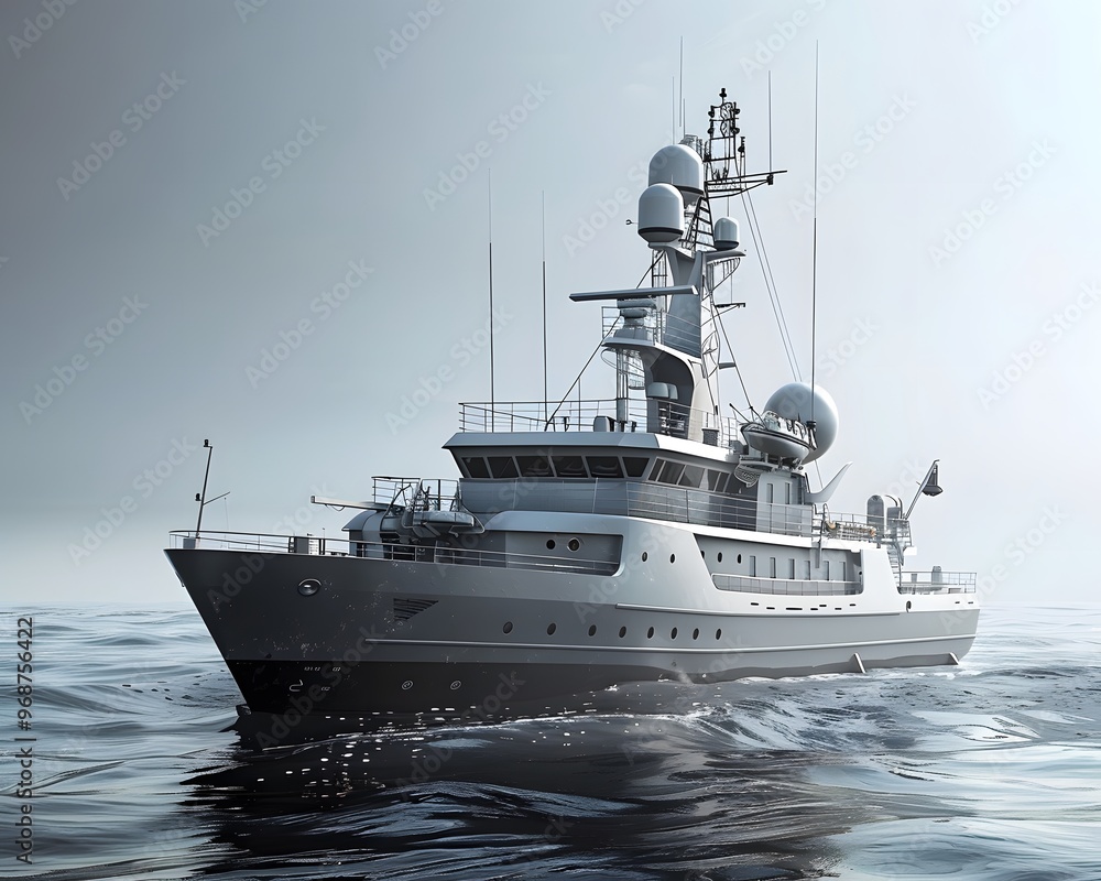 Naklejka premium A sleek research vessel navigating calm waters, equipped with advanced technology, ideal for marine exploration and studies.