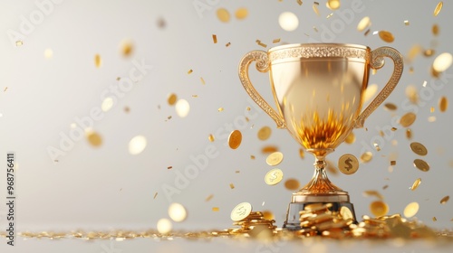 3D Trophy cup with coin,Prize for winning. Money floating around victory prize.