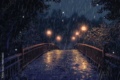 A Cozy Rainy Bridge With Warm, Glowing Streetlights And Gentle Rain Creating A Comforting Scene. Cozy Vibe, Generative AI photo