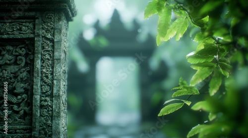 Ancient Balinese Compound, intricately carved gates surrounded by lush tropical foliage, vibrant fantasy landscape in anime style, seamless looping time-lapse animation background. photo