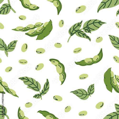 Seamless pattern, soybeans and pods. Endless background, soy beans, green legumes and leaf. Healthy vegetarian food, repeating print. Colored flat vector illustration for textile, wrapping, fabric