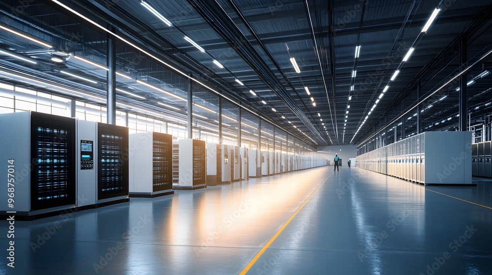 Fototapeta premium A spacious data center corridor with server racks, bright overhead lights, and a sleek modern design, ideal for technology visuals.